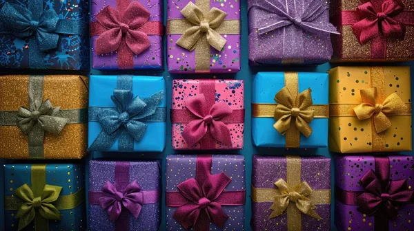 Festive Kaleidoscope of Gift Boxes: Colorful Array with Glitter and Bows - Valentine\'s Day Concept
