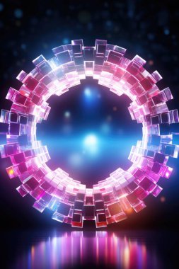 Koyu arkaplanda parlayan bir daire şeklinde mavi, pembe ve yeşil kare ışıklar.