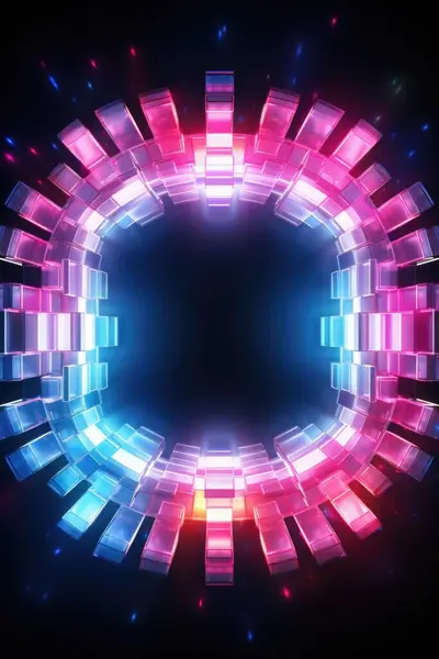 blue, pink and green square lights in the shape of a glowing circle on the dark background