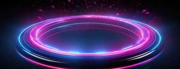 blue and pink glowing illuminated circle with text on black background with a black background