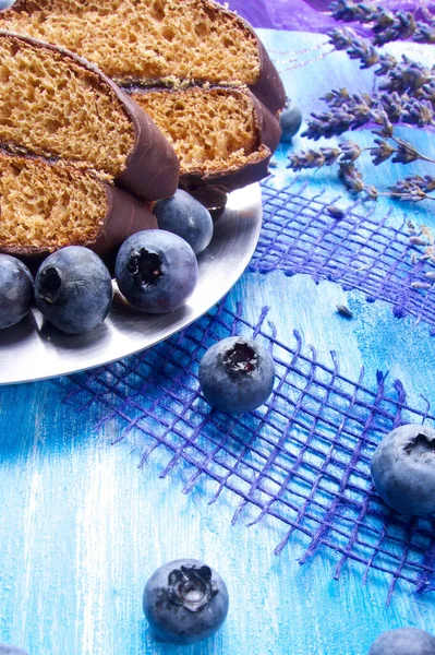 Blueberries Chocolate Lavender Spoon Wooden Board — Stock Photo, Image