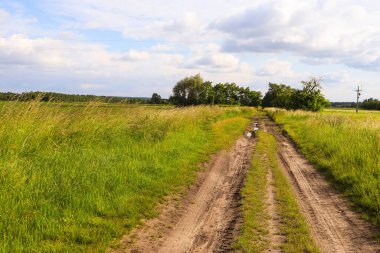 Kirli toprak yollarla dolu kırsal bölgedeki köy yolu. 
