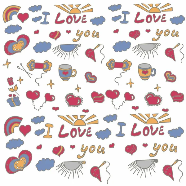 valentine\'s day, hearts, gifts, knitting, cup with the image of a heart, doodles, hedgehog, clouds, sun, heart-shaped box, darning heart needle, balloons hearts, invitation, website, banner, flyer pattern, seamless,