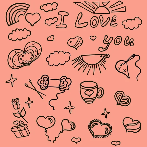 valentine's day, hearts, gifts, knitting, cup with the image of a heart, doodles, hedgehog, clouds, sun, heart-shaped box, darning heart needle, balloons hearts, invitation, website, banner, flyer pattern, seamless, illustration, love,