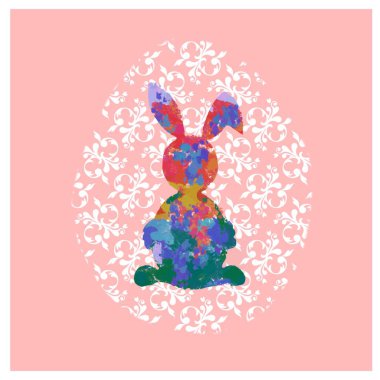   rabbit,easter eggs,orange,light green,red,sun,green plants,easter illustration