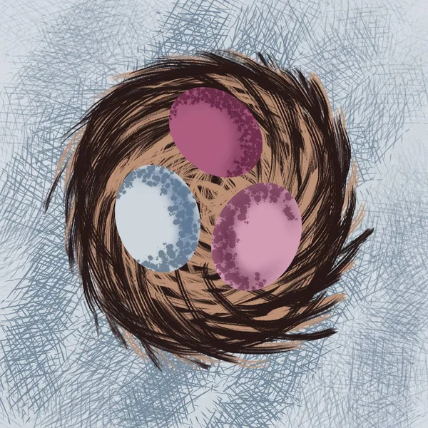Nest Eier Frohe Ostern Rosa Blaue Und Graue Eier — Stockfoto