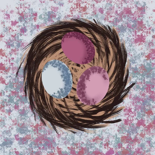Гнездо Яйца Счастливой Пасхи Розовые Голубые Серые Яйца — стоковое фото
