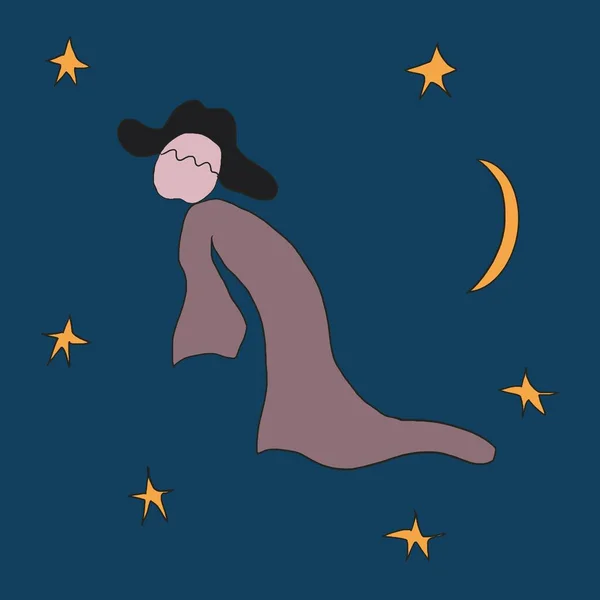 星星和月亮在夜晚穿着衣服的人物形象 — 图库照片