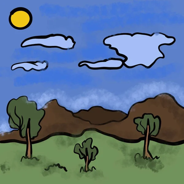 Strom Krajina Nebe Příroda Léto Vektor Tráva Oblak Ilustrace Jaro — Stock fotografie