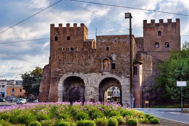 Rome, Italy - October 8, 2022: Porta San Paolo in the Ostiense square, 3rd century city gate, part of the Aurelian wall at Aventine hill. The Museum of the Ostian Way.