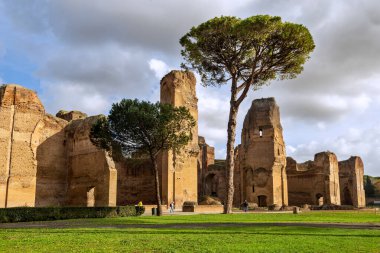 Rome, Italy - December 11, 2022: Terme di Caracalla or the Bath of Caracalla, ruins of ancient Roman public baths. Panoramic view.
