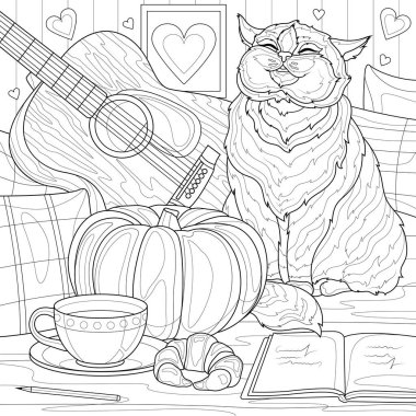 Kedi, gitar ve balkabağı. Çocuklar ve yetişkinler için boyama kitabı. Resimler beyaz arka planda izole edildi. Zen-karmaşası tarzı. El çizimi