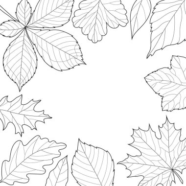 Sonbahar yapraklarıyla çerçevelenmiş. Geçmişi. Çocuklar ve yetişkinler için boyama kitabı antistresi. Resimler beyaz arka planda izole edildi. Zen-karmaşası tarzı. El çizimi