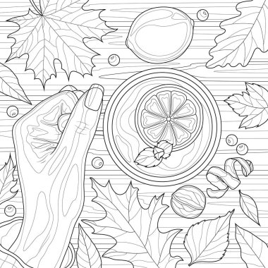 Bir fincan çay ve sonbahar yapraklarıyla el ele tutuşmak. Çocuklar ve yetişkinler için boyama kitabı antistresi. Resimler beyaz arkaplanda izole edildi. Zen-tangle tarzı.