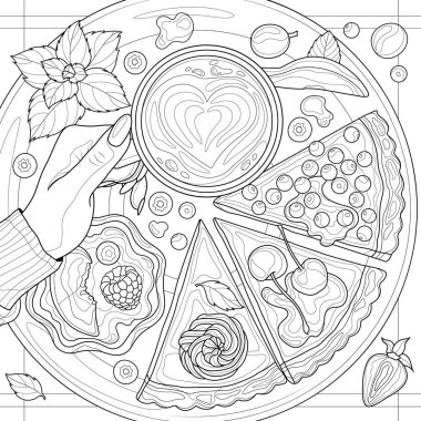 Pasta ve kahve parçaları. Çocuklar ve yetişkinler için boyama kitabı antistresi. Resimler beyaz arka planda izole edildi. Zen-karmaşası tarzı. El çizimi