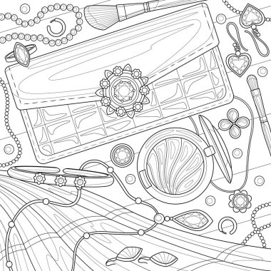 Mücevher ve cüzdan. Çocuklar ve yetişkinler için boyama kitabı antistresi. Resimler beyaz arka planda izole edildi. Zen-karmaşası tarzı. El çizimi