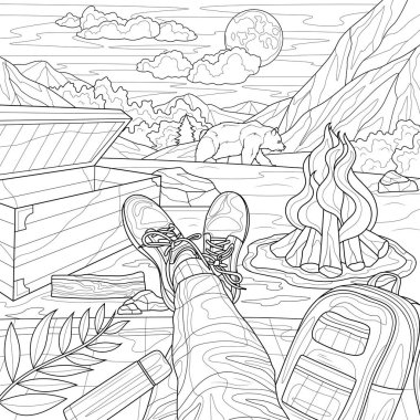 Bir adam dağlara ve bir ayıya bakar. Kamp. Çocuklar ve yetişkinler için boyama kitabı antistresi. Resimler beyaz arka planda izole edildi. Zen-karmaşası tarzı. El çizimi