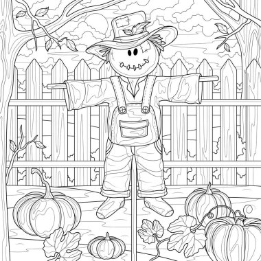 Bahçedeki bostan korkuluğu ve balkabakları. Çocuklar ve yetişkinler için boyama kitabı. Resimler beyaz arka planda izole edildi. Zen-karmaşası tarzı. El çizimi