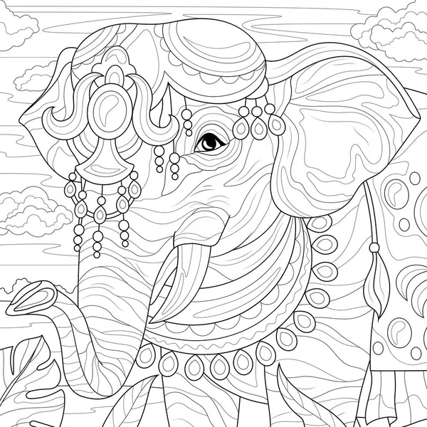 Indischer Elefant Mit Dekoration Malbuch Antistress Für Kinder Und Erwachsene — Stockvektor