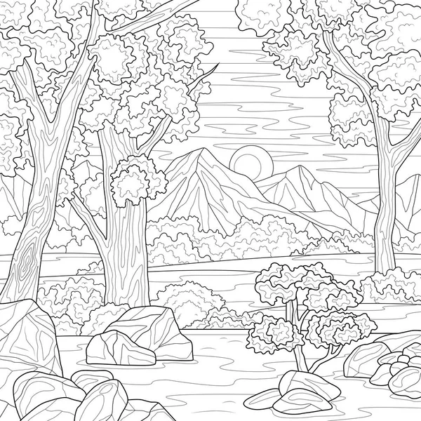 木々や山と自然 日没の風景 子供や大人のための着色本のストレス 禅宗様 手描き — ストックベクタ