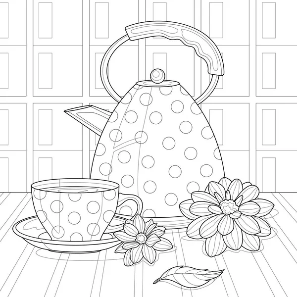 Teekanne Tasse Und Blumen Malbuch Antistress Für Kinder Und Erwachsene — Stockvektor