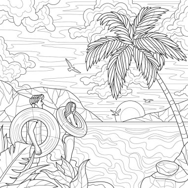 Man and woman on the beach. Landscape with sea and palm trees.Coloring book antistress for children and adults. Illustration isolated on white background.Zen-tangle style. Hand draw