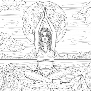 Woman Doing Yoga in nature. Full moon.Coloring book antistress for children and adults. Illustration isolated on white background.Zen-tangle style. Hand draw