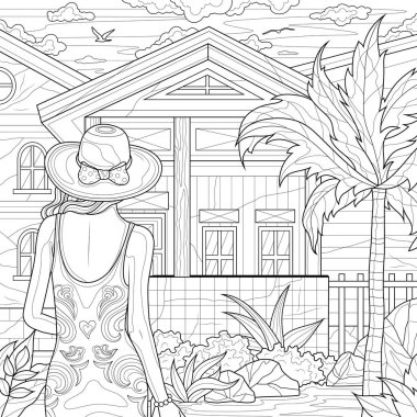 The girl looks at the house and palm trees.Coloring book antistress for children and adults. Illustration isolated on white background.Zen-tangle style. Hand draw