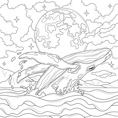 Denizde balina ve dolunay. Çocuklar ve yetişkinler için boyama kitabı. Resimler beyaz arkaplanda izole edildi. El çizimi. Basit çizim.