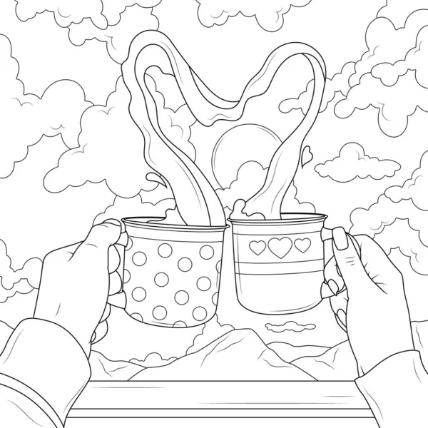 コーヒーを片手にカップ ハート型のコーヒー 子供や大人のための着色本の抗ストレス 白を基調としたイラスト 簡単な図面 手描き — ストックベクタ