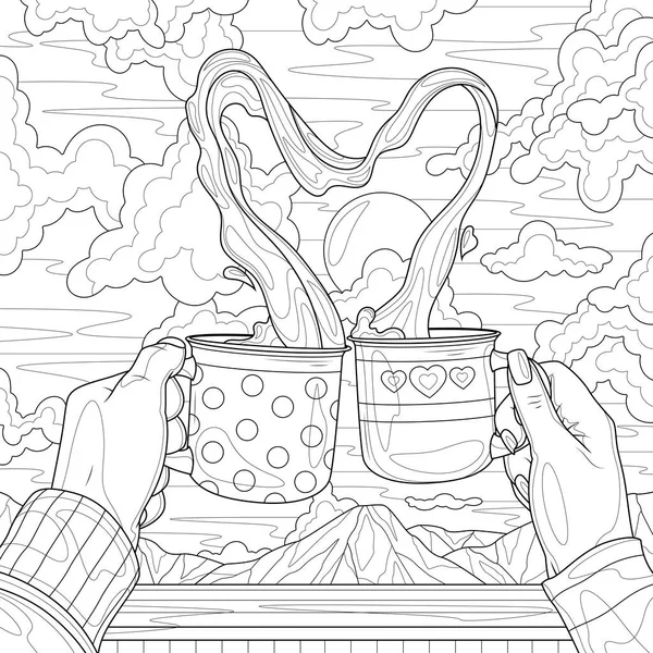 コーヒーを片手にカップ ハート型のコーヒー 子供や大人のための着色本の抗ストレス 白地に隔離されたイラスト 手描き — ストックベクタ