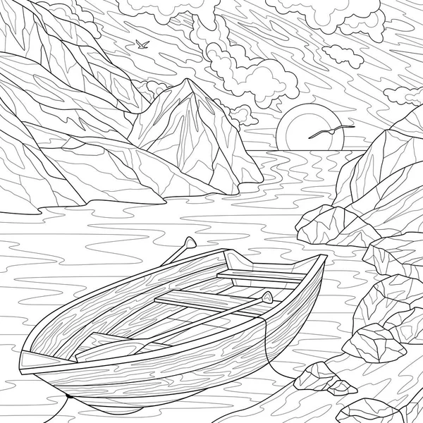 Boot Bij Zee Bergen Zonsondergang Kleurboek Antistress Voor Kinderen Volwassenen — Stockvector