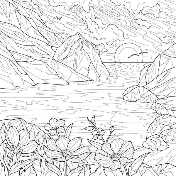 Krajobraz Gór Morza Kwiatami Kolorowanki Antystresowe Dla Dzieci Dorosłych Ilustracja — Wektor stockowy