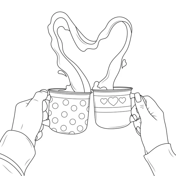 男と女の手の中にコーヒーカップ 心の形 子供や大人のための着色本の抗ストレス 白を基調としたイラスト 簡単な図面 手描き — ストックベクタ
