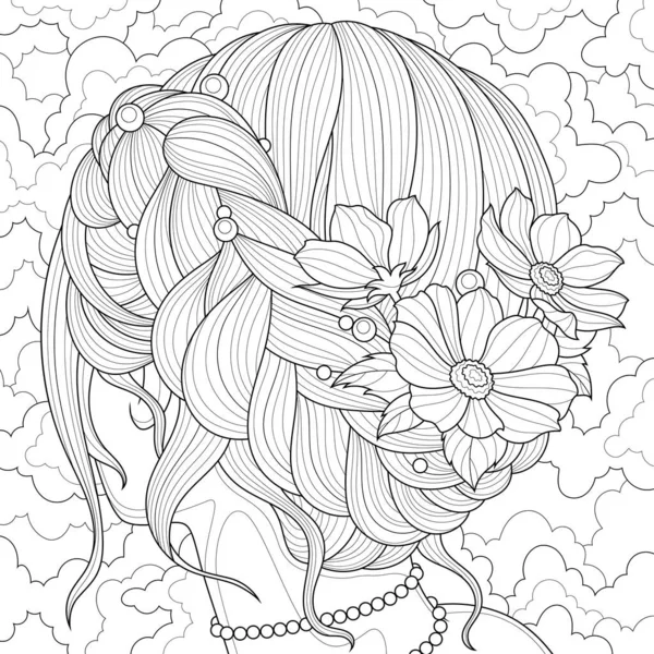 Fille Avec Des Fleurs Dans Ses Cheveux Livre Colorier Antistress — Image vectorielle