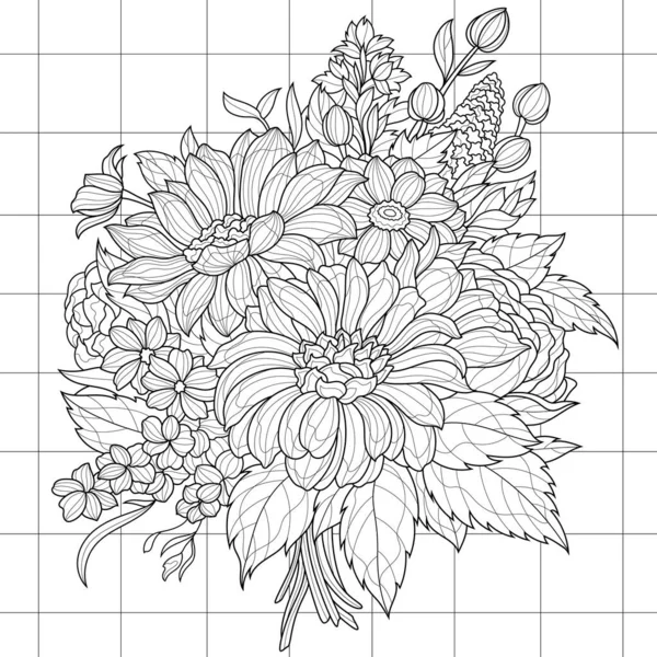 Bukett Blommor Målarbok Antistress För Barn Och Vuxna Illustration Isolerad — Stock vektor