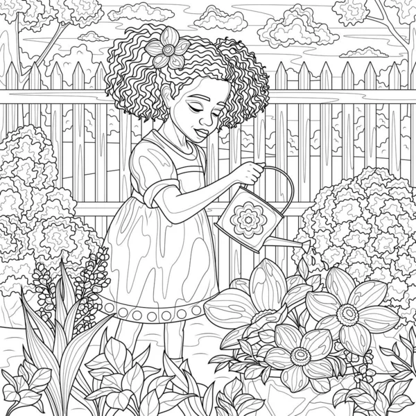 Bahçede Çiçekleri Sulandıran Siyah Bir Kız Yetişkinler Için Boyama Kitabı — Stok Vektör