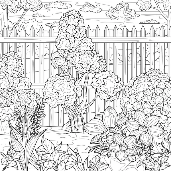 Сад Різними Рослинами Розмальовки Дітей Дорослих Ілюстрація Ізольована Білому Тлі — стоковий вектор