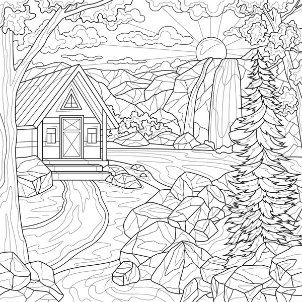 滝や山の近くの家 子供や大人のための本のストレスを着色 禅宗様 手描き — ストックベクタ
