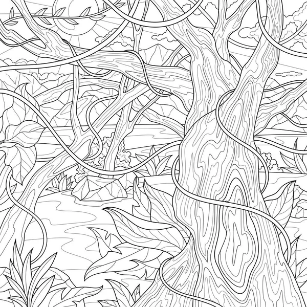 ジャングル 子供や大人のための着色本の抗ストレス 白地に隔離されたイラスト 手描き — ストックベクタ
