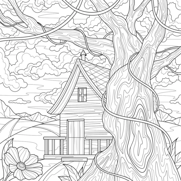 Dom Pobliżu Drzewa Kolorowanki Antystresowe Dla Dzieci Dorosłych Ilustracja Izolowana — Wektor stockowy
