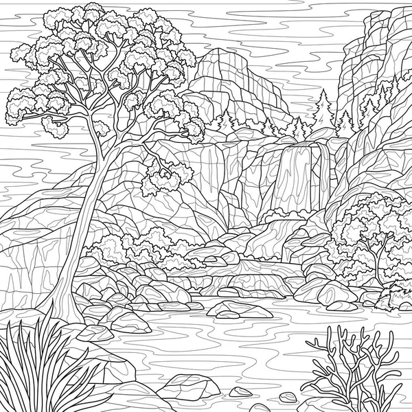 Paesaggio Con Montagne Cascata Libro Colorare Antistress Adulti Illustrazione Isolata — Vettoriale Stock