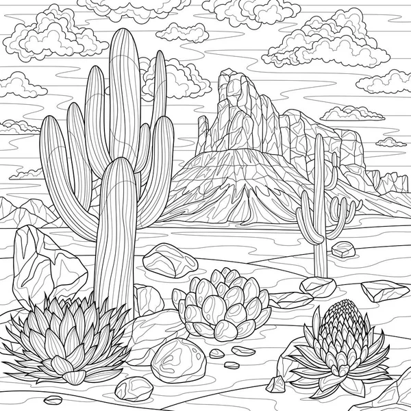 Selvaggio West Cacti Nel Deserto Libro Colorare Antistress Bambini Adulti — Vettoriale Stock