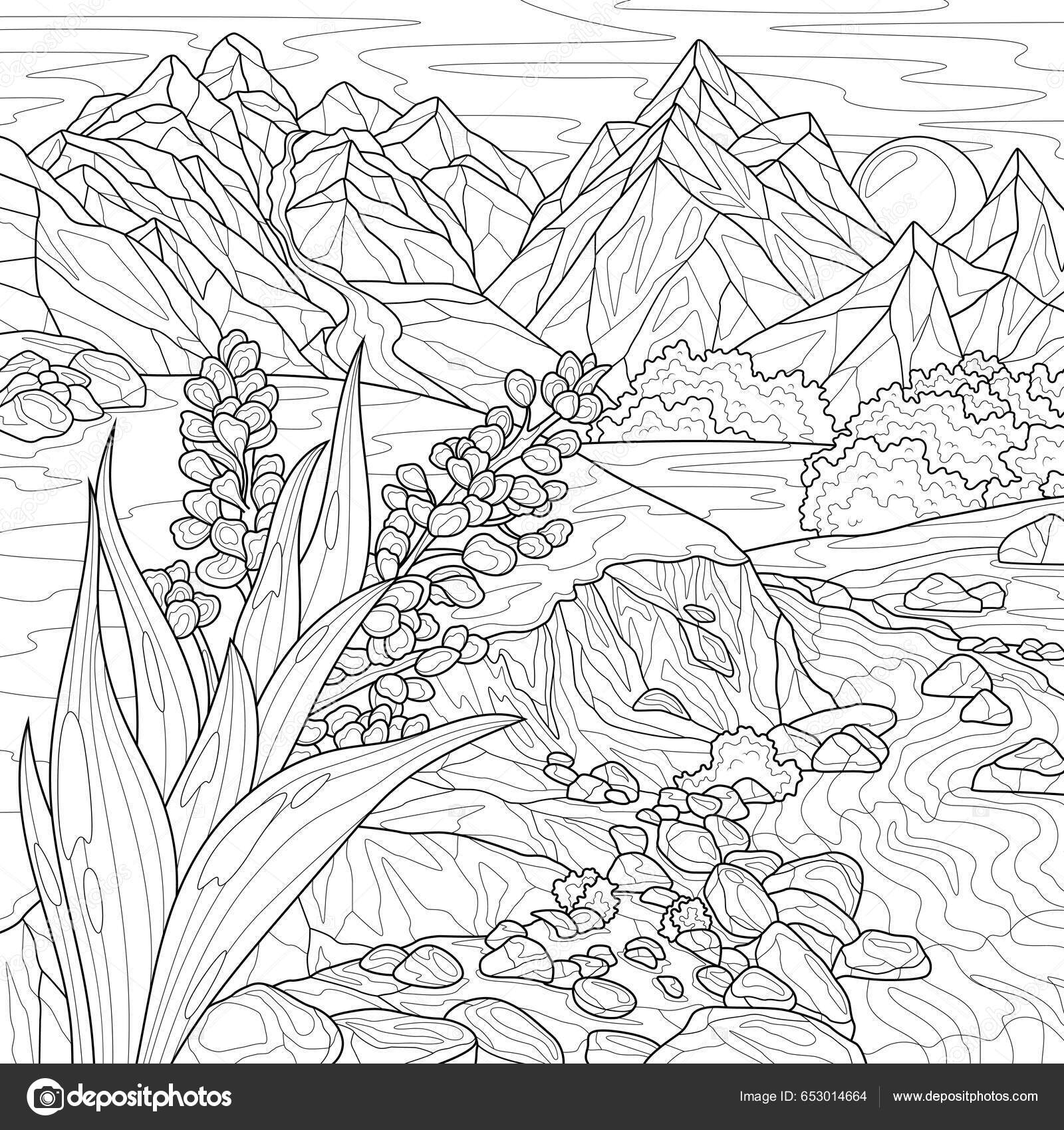 Flor Paisaje Con Montañas Río Libro Para Colorear Antiestrés Para Vector de  stock #653014664 de ©vlasenko.ekaterinka1996@gmail.com, image size:1600x1700