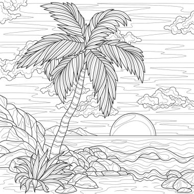 Gün batımı. Deniz ve palmiye ağaçları olan manzara. Çocuklar ve yetişkinler için boyama kitabı stresi. Resimler beyaz arka planda izole edildi. Zen-karmaşası tarzı. El çizimi