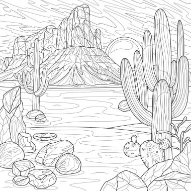 Vahşi Batı Çölü ve Cacti.Çocuklar ve yetişkinler için boyama kitabı antistresi. Resimler beyaz arka planda izole edildi. Zen-karmaşası tarzı. El çizimi