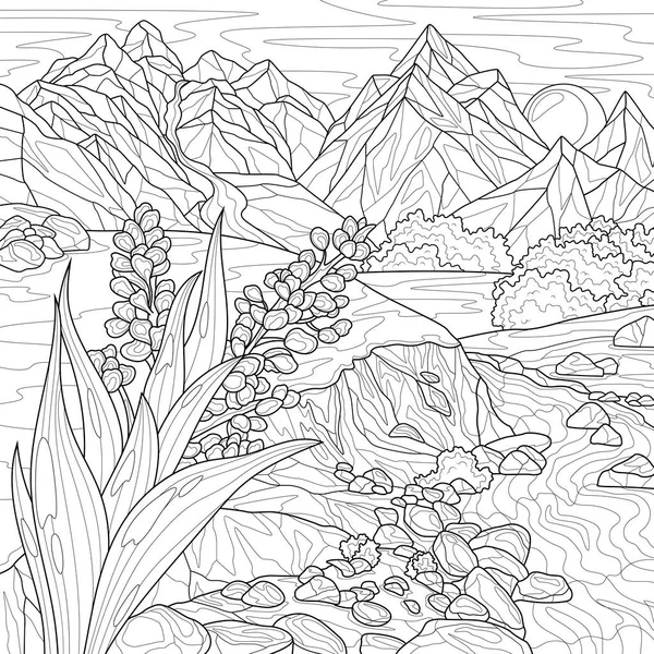 Fleur Paysage Avec Montagnes Rivière Livre Colorier Antistress Pour Enfants — Image vectorielle
