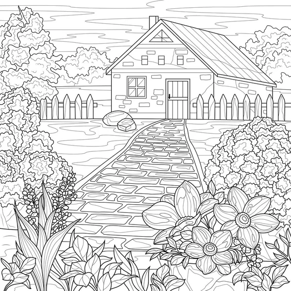Trädgård Och Hem Målarbok Antistress För Barn Och Vuxna Illustration — Stock vektor