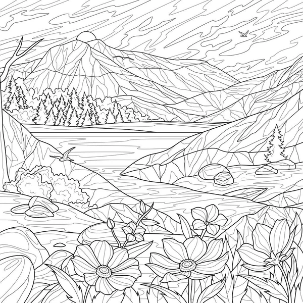 山や川と風景 子供や大人のための着色本のストレス 白地に隔離されたイラスト 手描き — ストックベクタ