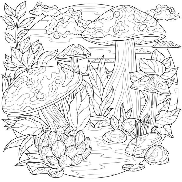 Mushrooms Nature Coloring Book Antistress Children Adults Illustration Isolated White — Stock Vector